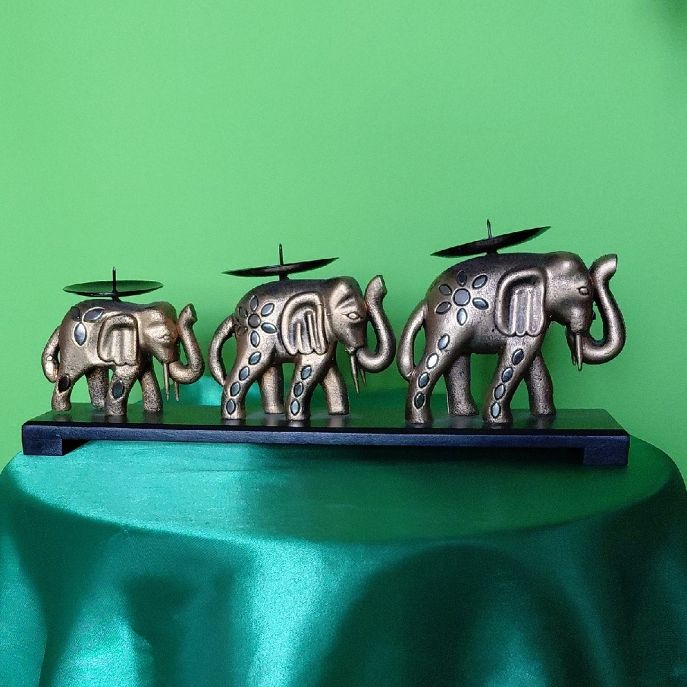 Gold Elephant Candle Holder Set